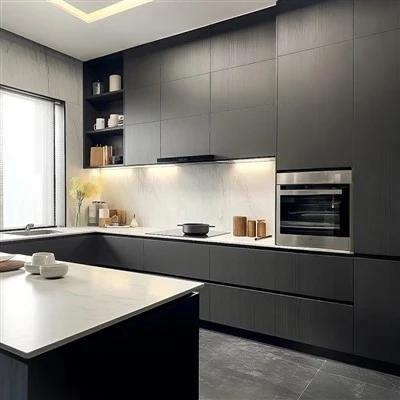 Ilha de cozinha minimalista cinza escuro