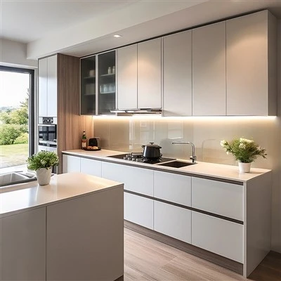 Armários de cozinha brancos escandinavos e ilha de cozinha